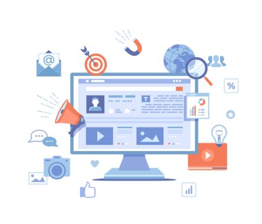 Sosyal medya içerik stratejisi, yönetim, hizmetler, geliştirme, pazarlama başarısı, sosyal paylaşım, web trafiği. Metin, fotoğraf, video, başlık ve simgelerle ekranı izle. Vektör illüstrasyonu