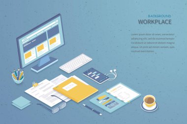 Çalışma ortamı arka planı, monitör, klavye, defter, kulaklık, telefon, dokümanlar, klasör, planlama, gözlük, kahve. Çalışma alanı, analitik, optimizasyon, yönetim. Isometric 3d vektörü