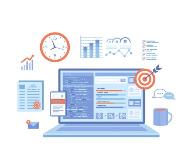 SEO Yöneticisi, Anahtar Yönetimi, İçerik Pazarlama. Arama motoru pazarlama programları koordine ediliyor ve uygulanıyor. Web sayfası ve program kodlu dizüstü bilgisayar, simgeler. Beyaz arkaplanda vektör illüstrasyonu.