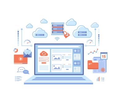 Bulut hesaplama ve web hizmetleri, teknoloji, veri depolama, sunucu, bağlantı. Laptop ekranında, sunucuda, bilgi elemanlarında giriş sayfası ve parola. Beyaz arkaplanda vektör illüstrasyonu.
