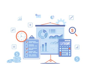 Hesaplama konsepti. Muhasebe, denetim, veri analizi, raporlama, vergi muhasebesi. Çizelgeler, diyagramlar, grafikler, kontrol listesi, hesap makinesi, para vektörü illüstrasyonlu projektör beyaz arkaplan