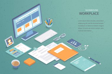 İşyeri geçmişi. Üzerinde monitör, defter, klasör, klavye, kitap, gözlük, telefon olan masanın üst görüntüsü. Analitik, optimizasyon, yönetim. Isometric 3d vektör çizimi