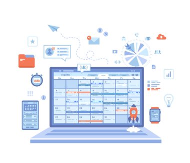 Zaman yönetimi, organizasyon, planlama programı, görev dağılımı. Programlı dizüstü bilgisayar ekranda. Bilgisayar, telefon ve akıllı saatler için uygulama. Beyaz arkaplanda vektör illüstrasyonu.