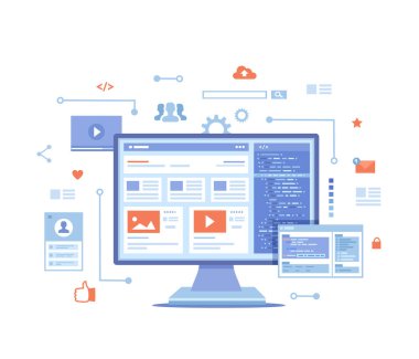 Web geliştirme, optimizasyon, kullanıcı deneyimi, e-ticaret arayüzü. Web sitesi yerleşim ögeleri, fotoğraf, video, program kodu, arama çubuğu, site kablosuz çerçevesi.