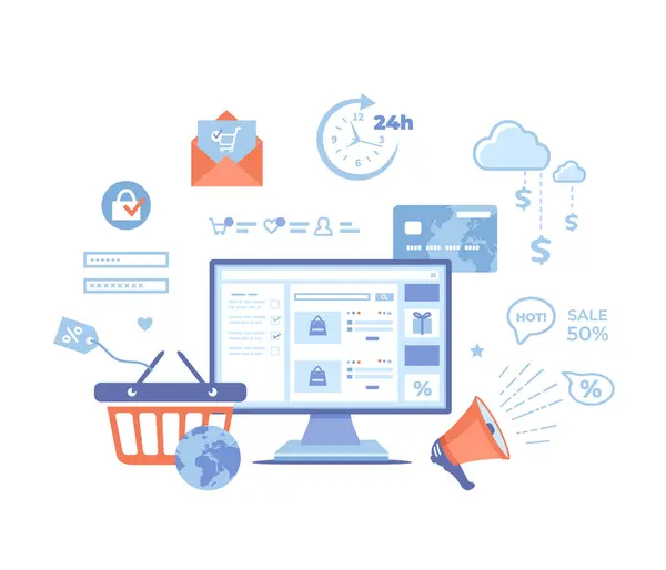 Çevrimiçi alışveriş, başvuru, hizmet, bankacılık. Monitördeki internet sitesi, sepet, el arabası, kredi kartı, megafon, indirim, satış, bilgi elemanları. Beyaz üzerine vektör illüstrasyonu