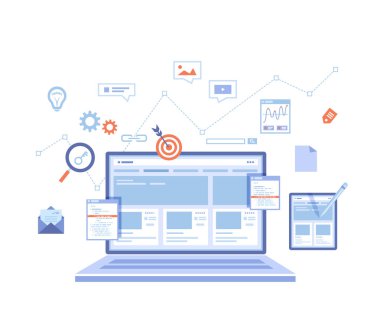 Web sitesi optimizasyonu, analizi, içerik yazımı, anahtar sözcükler, raporlama, tasarım, SEO, bağlantı binası. Dizüstü bilgisayar ve tabletteki web sitesi şablonu. Beyaz arkaplanda vektör illüstrasyonu