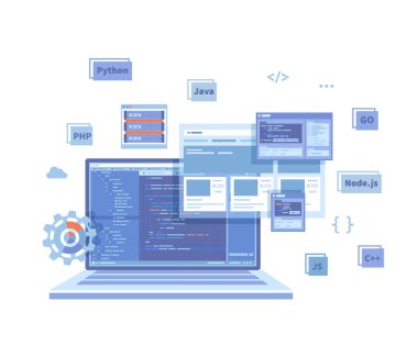 Arka Uç Geliştirme, Kodlama, Yazılım Mühendisliği, Programlama Dilleri. Dizüstü bilgisayarda program kodu, web sitesi şablonu. Teknoloji konsepti. Beyaz arkaplanda vektör illüstrasyonu