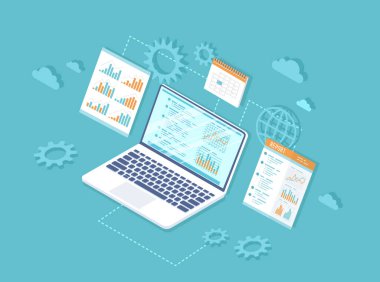 Veri analizi Analiz, istatistik, denetim, araştırma, rapor. İnternet ve mobil servis. Finansal raporlar, dizüstü bilgisayarların grafikleri, telefon, tablet. Business 3d izometrik illüstrasyon