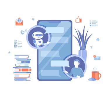 Chatbot, müşteri desteği, yardım hizmetleri. Telefon uygulaması ile sohbet eden bir adam. Yapay zeka. İnsanlar soru sorar, robotlar mesajlara cevap verir. Beyaz üzerine vektör illüstrasyonu