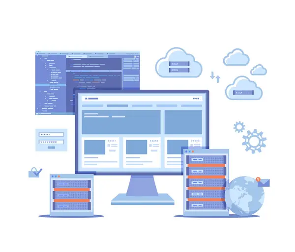 Web sunuculuğu, Data Security, yüksek sesli bilgisayar depolama, bilgi işleme, veritabanı, ağ bağlantısı. Sunucular, bilgisayar, program kodu, bulutlar. Beyaz arkaplanda vektör illüstrasyonu.