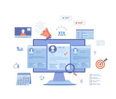 İşe alım platformu, ajans, insan kaynakları. İnsan kaynakları, istihdam, en iyi adayın seçimi. Özgeçmiş, megafon, bilgisayar, takvim, video bağlantısı, röportaj. Beyaz üzerine vektör illüstrasyonu