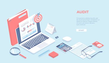 Auditing, analysis, accounting, calculation, analytics. Documents with charts graphs on the laptop screen, folder, magnifying glass, calculator, calendar, target. Isometric 3d vector background clipart