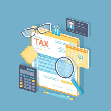 Vergi ödemeleri, faturalar, çek konsepti. Finansal takvim, pano için vergi formu büyüteç, hesap makinesi, kalem. Maaş günü ikonu. Isometric 3d illüstrasyon