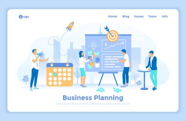İş planlaması, takım çalışması, yönetim, organizasyon kontrolü, başarı stratejisi. İnsanlar birlikte çalışarak bir plan yapar, görevleri işaretler, görevleri takip ederler. İniş web sayfası tasarım şablonu