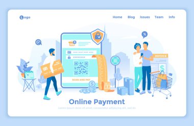 Çevrimiçi ödeme. Para transferi, internet bankacılığı, cep telefonu cüzdanı, ödeme geçmişi, mobil uygulama. Adam tabletle ve telefonla kredi kartıyla ödeme yapıyor. İniş sayfası tasarım şablonu insan karakteriyle dekore edildi
