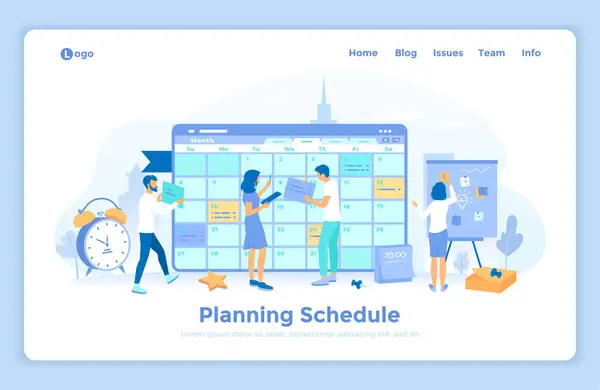 Stock vector Planning schedule. Online web page interface planner, organizer, calendar, project plan. People work together filling out the schedule, set tasks and reminders. landing web page template with people