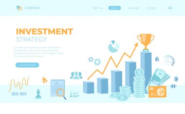 Yatırım stratejisi, finansal başarı, yönetim. Gelir tablosu, kar büyüme adımları, para, belgeler, kazananlar kupası. Web pankartı, iniş sayfası, web şablonu için kullanılabilir.