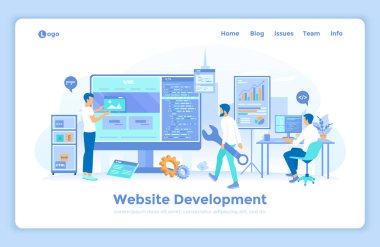 Web sitesi geliştirme, programlama, optimizasyon. Web geliştiricilerinden oluşan bir ekip bilgisayar, inşaat alanı, programlama kodu üzerinde çalışıyor. İniş sayfası tasarım şablonu insan karakterleriyle dekore edildi.