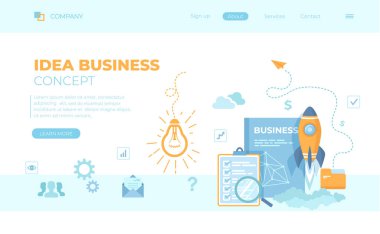 Fikir İş Konsepti, Proje Kuruluşu, Mali Planlama, Strateji, Gerçekleşme ve Başarı. Ampul, roket fırlatma, iş planı. Web pankartı, iniş sayfası, web şablonu için kullanılabilir.