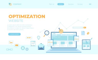 Web sitesi optimizasyonu, analizi, içerik yazımı, anahtar sözcükler, raporlama, tasarım, SEO, bağlantı binası. Dizüstü bilgisayar ekranı ve tablet üzerindeki web site şablonu. Web afişi, iniş sayfası, web şablonu için kullanılabilir