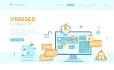 Bilgisayar virüsleri saldırıyor, hatalar tespit ediliyor, uyarı işaretleri, veri çalınıyor. Virüsü hackleyen bir monitör. Uyarı mesajları, hatalar, uyarılar. Web pankartı, iniş sayfası, web için kullanılabilir.