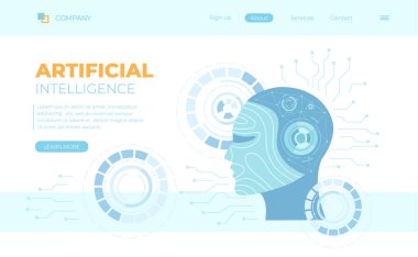 Yapay zeka yapay zekası, gelecek teknolojisi, dijital beyin, makine eğitimi, veri madenciliği. İnsan yüzlü bir robot kafası, sinirsel ağlar. Web pankartı, iniş sayfası, web için kullanılabilir.