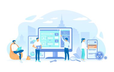 Arama motoru optimizasyonu. SEO yöneticileri ve analitik uzmanları arama motorları için optimize edilebilecek şekilde siteyi analiz eder ve değişiklikler yaparlar. Çalışma süreci, takım çalışması iletişimi. Vektör illüstrasyonu