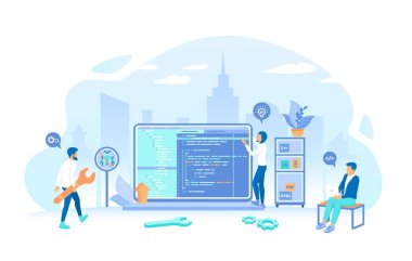 Yazılım Geliştirme. Geliştiriciler, programcılar, yazılım mühendisleri bilgisayar mobil uygulaması geliştirir, program kodu ile çalışır. Takım çalışması iletişimi. Vektör illüstrasyonu düz biçimi.