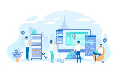 Programcılar yeni bir web sitesi üzerinde çalışıyorlar. Web Geliştirme Programlama Kodlaması. Monitör, program kodu, sunucu. Çalışma süreci, takım çalışması iletişimi. Vektör illüstrasyonu düz biçimi.
