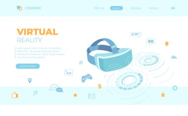 Sanal Büyütülmüş Gerçeklik Gözlüğü, VR konsepti, uygulamalar. Soyut yuvarlak şekillerin hologramlı kulaklığı. Sanal gerçeklik oyunları, simülasyon. Web pankartı, iniş sayfası, web şablonu için kullanılabilir.