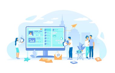 İnsanlar sosyal ağda iletişim kurar, gönderileri okur, beğeni verir. Online internet iletişimi. Web sayfası arayüzü, medya uygulamaları ve hizmetleri. Çalışma süreci, takım çalışması iletişimi. Vektör illüstrasyonu