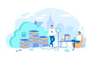 Kullanıcılar dizüstü bilgisayardan, bilgisayardan, telefondan bulut sunucularına bağlanıyor. Bulut hesaplama ve web hizmetleri, veri depolama, sunucu. Çalışma süreci, takım çalışması iletişimi. Vektör illüstrasyonu düz biçimi.
