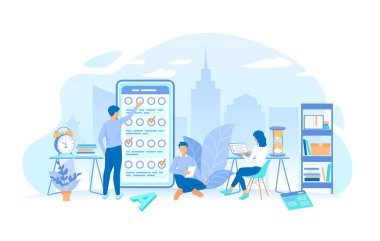 Çevrimiçi testler yapan bir grup insan. Çevrimiçi mobil araştırma test anketi. Çevrimiçi doldurma formlarıyla telefon ekranı. Çalışma süreci, takım çalışması iletişimi. Vektör illüstrasyonu