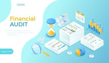 Mali denetim, analiz, muhasebe, vergi, araştırma, finansal rapor. İş belgeleri, para. Web sitesi için Isometric vektör illüstrasyonu.