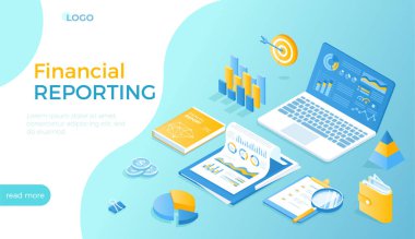 Finansal raporlama, iş bildirimi, sonuçların analizi. Grafikli belgeler, yıllık rapor, laptop, büyüteç, para. Web sitesi için Isometric vektör illüstrasyonu.