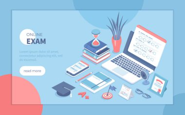 Çevrimiçi Sınav Konsepti. Uzaktan eğitim. Bilgisayardaki anket formu ve telefon, kitaplar, defterler, takvim, kum saati, diploma. Pankart, web sitesi için Isometric vektör illüstrasyonu.