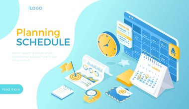 Plan çizelgesi, çizelge. Takvim, anımsatıcı ve görevlerin düzenlenmesi. Çevrimiçi uygulama web sayfası arayüz planlayıcısı, masa takvimi. Web sitesi için Isometric vektör illüstrasyonu.