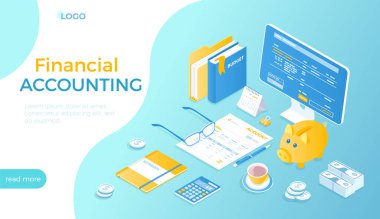 Finansal muhasebe, muhasebe, hesaplama, analiz, rapor, belge hazırlama. Monitör ekranındaki belge formu, fatura, hesap. Web sitesi için Isometric vektör illüstrasyonu.
