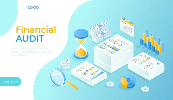 Mali denetim, analiz, muhasebe, vergi, araştırma, finansal rapor. İş belgeleri, para. Web sitesi için Isometric vektör illüstrasyonu.