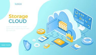 Bulut deposu. Uzak Veri Depolama Servisi. Sunucu, veri yedeği, bulut bilgisayarı. Büyük bulut bağlı bilgisayar, telefon, tablet, akıllı saat. Web sitesi için Isometric vektör illüstrasyonu.