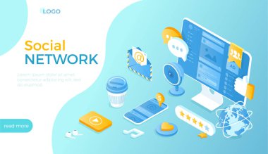 Sosyal ağ. Çevrimiçi iletişim, toplantılar, mesajlar. Monitörde ve telefonda sosyal ağ sayfası. Web sitesi için Isometric vektör illüstrasyonu.