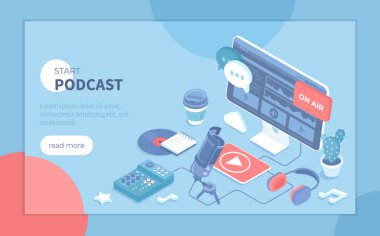 Bir ses yayını kaydet. Çevrimiçi podcast, Blog, Radyo Show. Podcasting ekipmanları ve APP. Stüdyo mikrofonu, kulaklıklar, mikser. Pankart, web sitesi için Isometric vektör illüstrasyonu.
