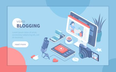 Video blogu. Sosyal ağlarda blog veya vlog için video içeriği oluşturuluyor. Sosyal medyada video yayını. Poster, sunum, pankart, web sitesi için Isometric vektör illüstrasyonu.