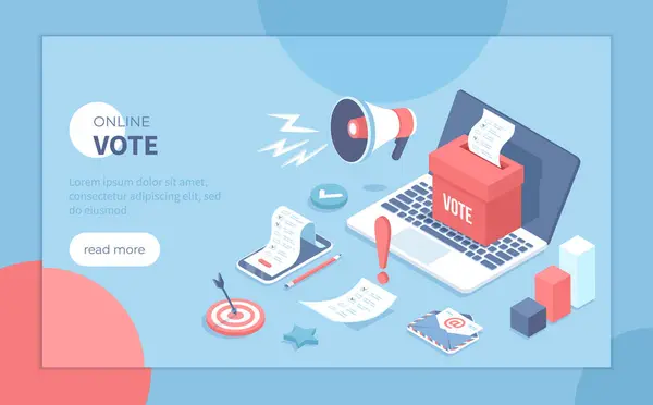 Çevrimiçi oylama. E-oylama, seçim internet servisi, online seçim. Laptop ekranında boş olan oy sandığı. Telefon ekranında oy pusulası. Pankart, web sitesi için Isometric vektör illüstrasyonu.