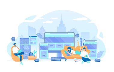 Programcı ekranda, tablette, telefonda UI UX arayüzü geliştiriyor. Önyüzü Geliştirme, bir site düzeni, şablon oluşturuluyor. Vektör illüstrasyonu düz biçimi.