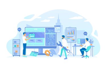 Web geliştiricilerinden oluşan bir ekip bilgisayar, inşaat alanı, programlama kodu üzerinde çalışıyor. Web sitesi geliştirme, programlama, optimizasyon. Vektör illüstrasyonu düz biçimi.