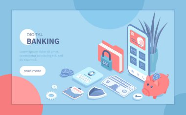 Dijital Bankacılık Çevrimiçi Hizmetleri. Mobil bankacılık ve muhasebe platformu. Çevrimiçi mali işlemler, ödeme, alışveriş. Pankart, web sitesi için Isometric vektör illüstrasyonu.