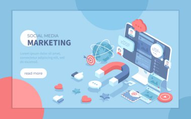 Sosyal medya pazarlama SMM. Pazarlama ve iletişim stratejisi. Sosyal ağlar aracılığıyla terfi. Mıknatıs, duygu simgelerini, beğeni ve yorumları çeker. Pankart, web sitesi için Isometric vektör illüstrasyonu.