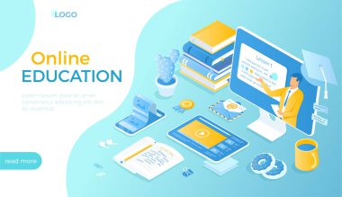 Çevrimiçi eğitim, uzaktan öğrenme, çevrimiçi kurslar, evde eğitim ağları. Öğretmenle video ekranda, tablette, telefonda, kitaplarda, defterlerde. Web sitesi için Isometric vektör illüstrasyonu.