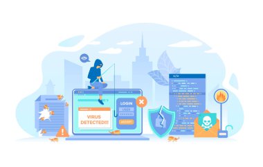 Hırsız hacker şifre çalıyor. Bilgisayar Virüsleri ve Hacker Saldırısı. Hatalar tespit edildi, uyarı mesajları, böcekler, açık kilit, enfekte dosyalar, kırık kalkan. Vektör illüstrasyonu düz biçimi.